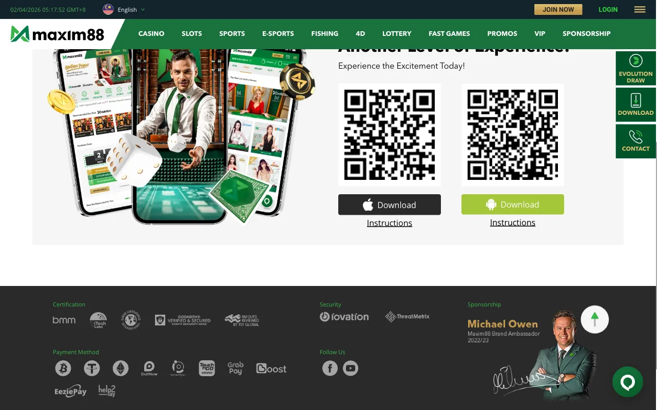 Maxim88 mobile app download page with QR codes for iOS and Android