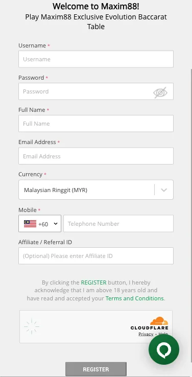 Maxim88 registration form showing username, password, and personal details fields