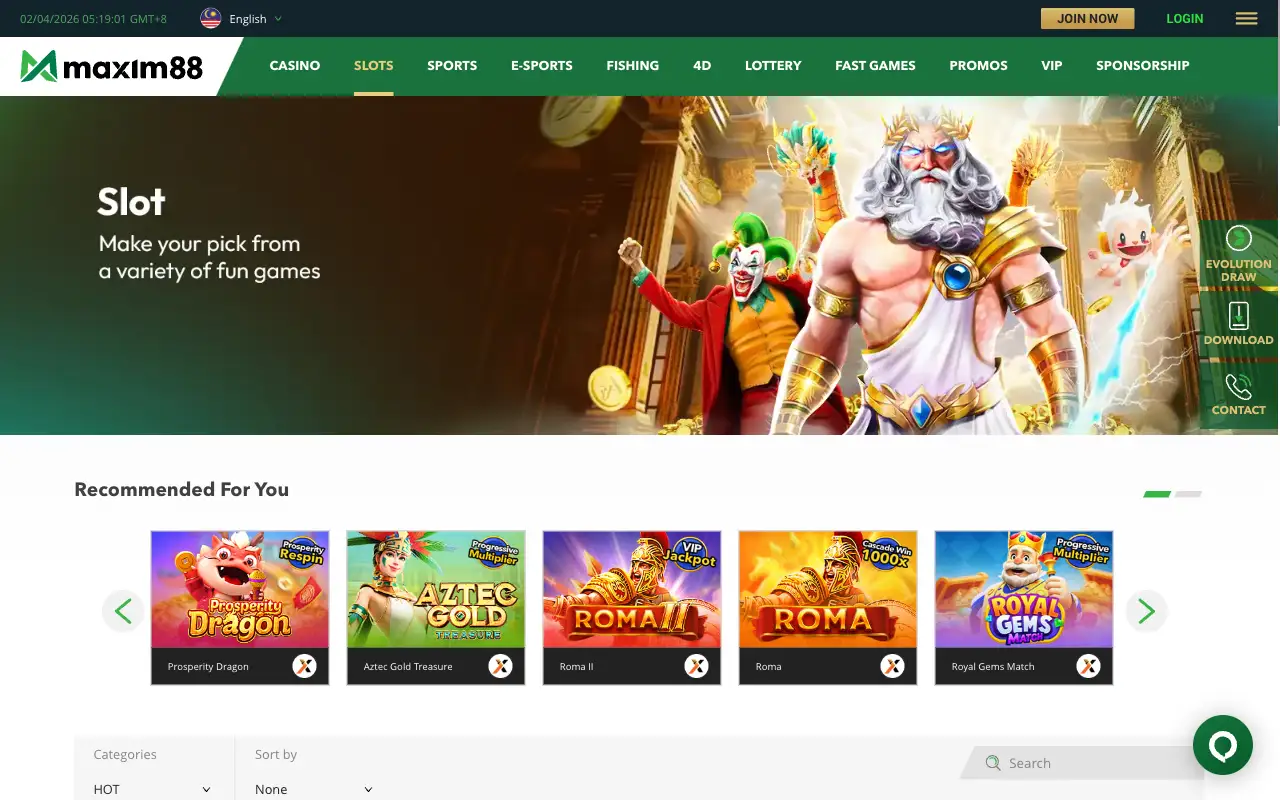 Maxim88 online slot lobby with recommended games